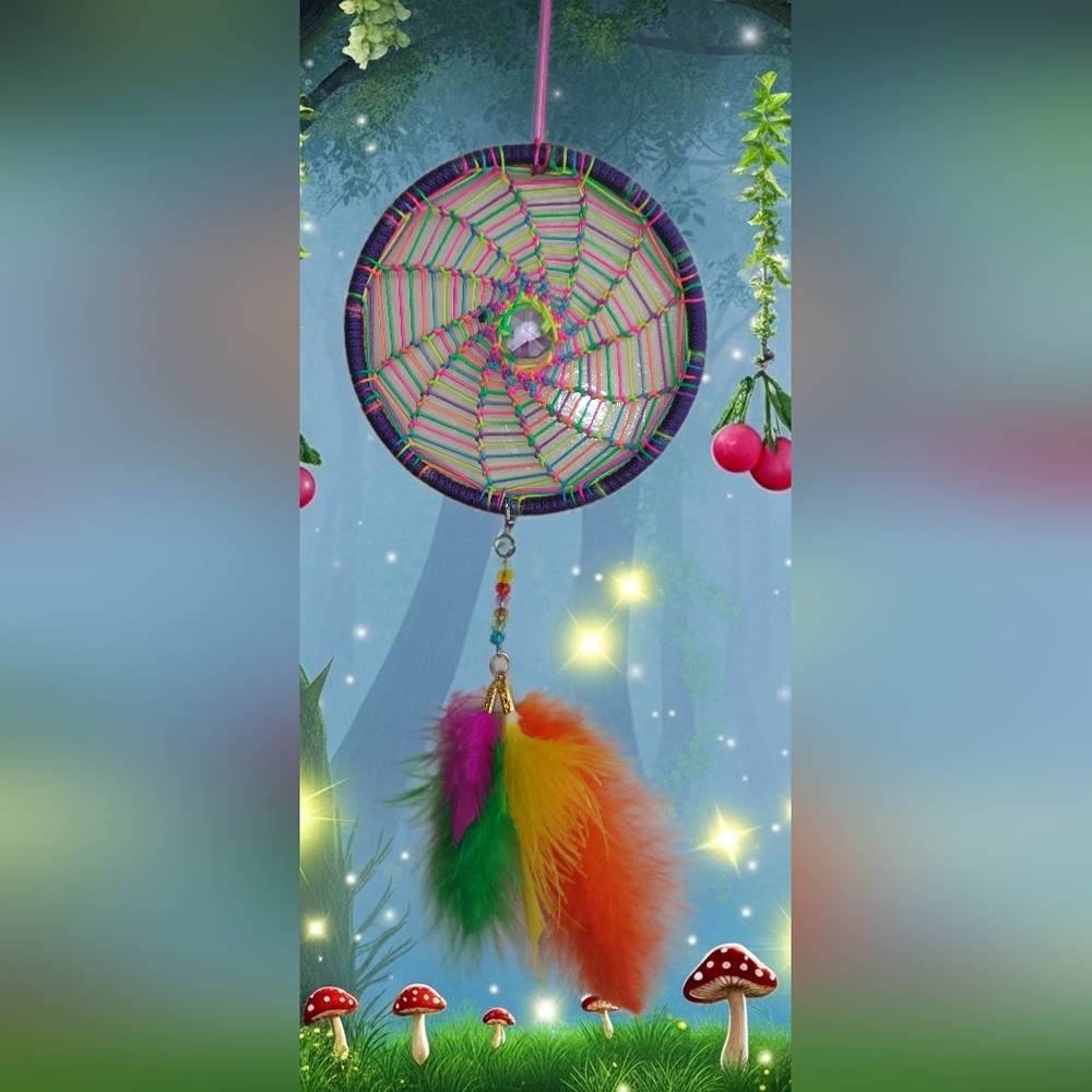HANDMADE Colorful 🌈👽NEON Dreamcatcher with AUTHENTIC Feathers